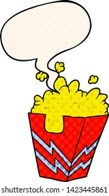 cartoon box of popcorn with speech bubble in comic book style