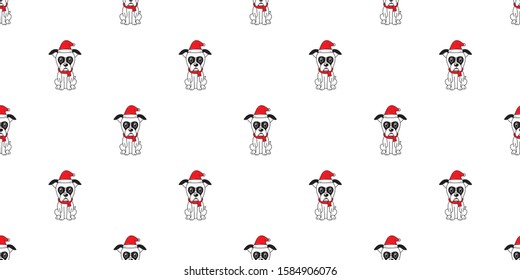 Cartoon boxer dog with santa claus christmas hat seamless pattern background for design.