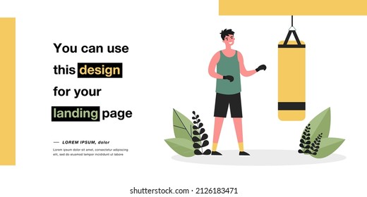 Cartoon boxer standing in front of punching bag. Man in boxing gloves training flat vector illustration. Sports, fitness, healthy lifestyle concept for banner, website design or landing web page