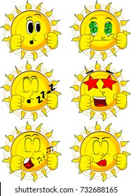 Cartoon boxer sun ready to fight. Collection with various facial expressions. Vector set.