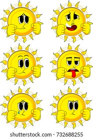 Cartoon boxer sun ready to fight. Collection with sad faces. Expressions vector set.