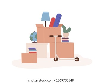 Cartoon boxes with different things ready for moving isolated on white background. Heap colored cardboard packaging with stuff for relocating prepare to delivery service vector graphic illustration