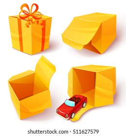 Cartoon boxes open closed icon set with yellow boxes and gift inside vector illustration