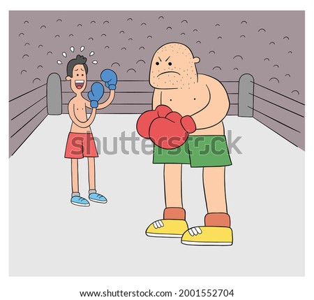 Cartoon boxing match, weak and strong boxer in the ring, vector illustration. Colored and black outlines.