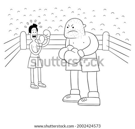 Cartoon boxing match, weak and strong boxer in the ring, vector illustration. Black outlined and white colored.