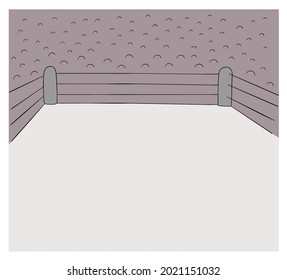 Cartoon boxing ring and fans, vector illustration. Colored and black outlines.