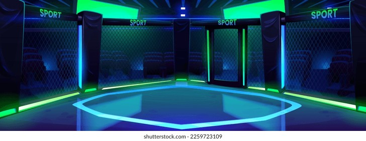 Cartoon boxing ring illuminated with neon lights. Vector illustration of arena with ropes for sports competition, wrestling match, night show. Empty seats, blank score screens. Betting app background