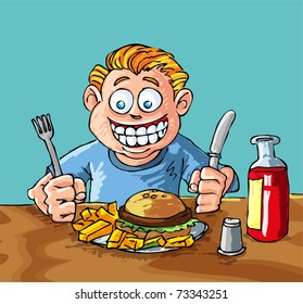 Cartoon of boy about to eat a hamburger and french fries