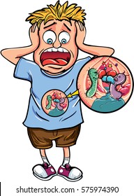 Cartoon boy afraid of bacteria in his stomach