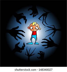 Cartoon boy is afraid of his own shadow. Children horror