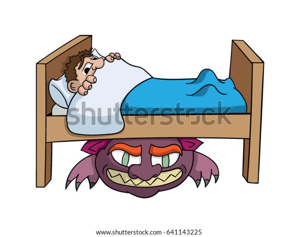 Cartoon Boy Afraid Monster Under Bed Stock Vektorgrafik Lizenzfrei