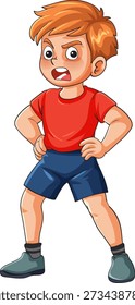 Muchacho de la historieta con la expresión enojada, manos en las caderas, colores atrevidos, fondo blanco, estilo del Vector