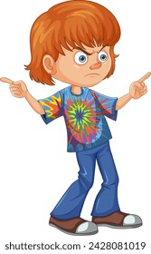 Cartoon boy with angry expression pointing fingers.