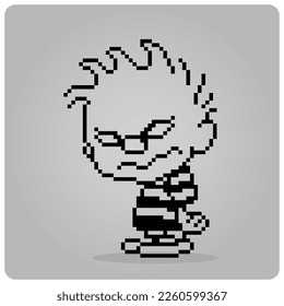 Cartoon boy with angry face 8 bit pixels. human face for game assets in vector illustration.