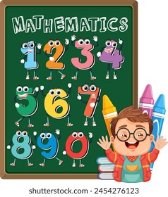 Cartoon boy with animated numbers on chalkboard