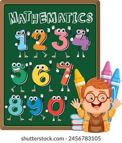 Cartoon boy with animated numbers on chalkboard
