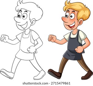 Garoto de desenhos animados em andar avental, mostrado em ambos os estilos de vetor de cor e contorno, fundo branco