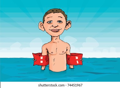 Cartoon of a boy with armbands in the water. He is skinny