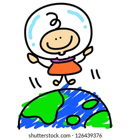 cartoon boy astronaut explore space concept hand-drawn