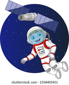 Cartoon boy astronaut flying in space