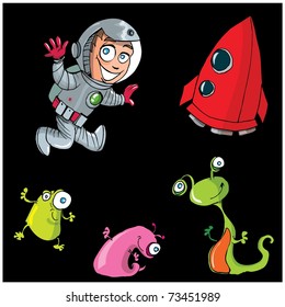 Cartoon boy astronaut with his spaceship and some aliens