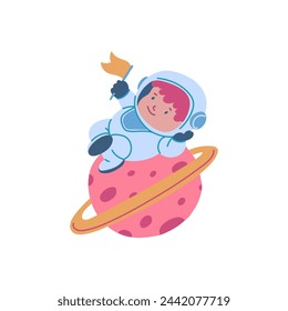 Cartoon boy astronaut holding flag. Cute cosmonaut kid lies on the planet, enjoying vector flat illustration isolated on white. Astronomy science, Saturn and cosmonaut
