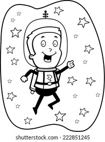 A cartoon boy astronaut with a jet pack on.