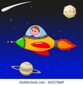 Cartoon boy astronaut in the spaceship
