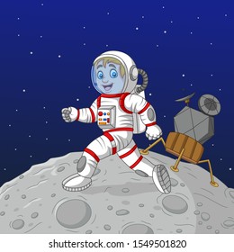 Cartoon boy astronaut walking on the moon
