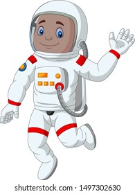 Cartoon boy astronaut waving hand