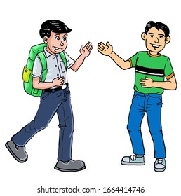 Cartoon boy with backpack and his friend