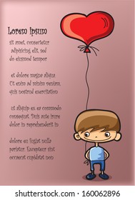 Cartoon boy with balloon, background for valentine's day