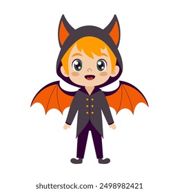 A cartoon boy in a bat costume is smiling and looking up at the camera. The image is a Halloween-themed drawing of a child dressed as a bat