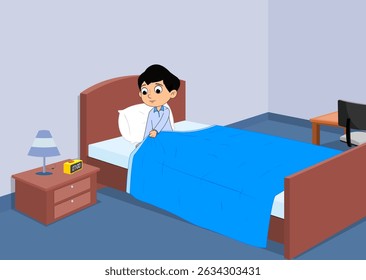 Cartoon Boy in Bed Vetor, Boy Wake up in Morning Bed, Cartoon Kid Bed Room Background Vetor