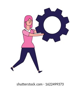 cartoon boy with big gear wheel icon over white background, vector illustration