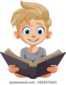 Cartoon boy with a big smile reading a book