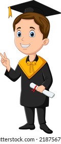Cartoon boy in black gown holding a diploma