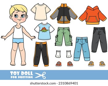 Cartoon boy with blond hair and clothes separately -  sports jacket, T-shirt,  sweatpants, jeans and sneakers doll for dressing