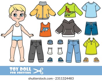 Cartoon boy with blond hair and clothes separately - jacket, shorts, T-shirt, longsleeve, jeans, t-shirts, sandals and sneakers doll for dressing