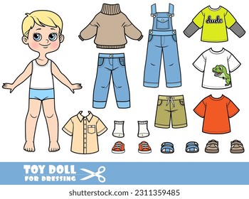 Cartoon boy with blond hair and clothes separately - shorts, shirt, longsleeve, jeans,sweater, boots, socks, jumpsuit, sandals and sneakers doll for dressing