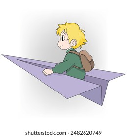 A cartoon boy with blond hair is seen riding a purple paper airplane, symbolizing imagination and dreams.