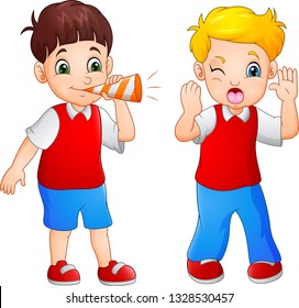 Cartoon boy blowing at the little boy in a trumpet