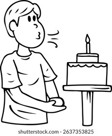Cartoon boy blowing out birthday cake candle line art