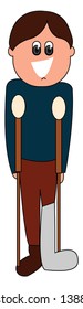 Cartoon boy in a blue closed neck top  brown pant with a bandage in his left leg is laughing while standing with his brown walking sticks  vector  color drawing or illustration