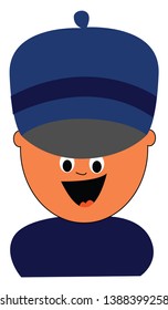 Cartoon boy in a blue costume and a big blue-colored hat  eyes rolled down  and tongue stuck out looks happy while laughing  vector  color drawing or illustration