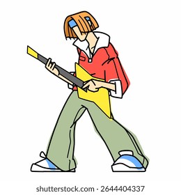 cartoon of a boy with a blue headband wearing a red jacket and green baggy pants playing a yellow z-shaped guitar, retro style flat character illustration