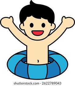 Um menino de desenho animado está em uma piscina inflável azul. Ele está sorrindo e dando polegares para cima. Conceito de diversão e prazer
