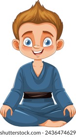 Cartoon boy in blue karate gi sitting cross-legged