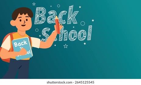 Cartoon boy with book pointing at chalkboard with doodle style back to school typography