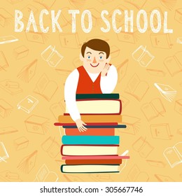 Cartoon boy  with books . Back to school vector illustration about education